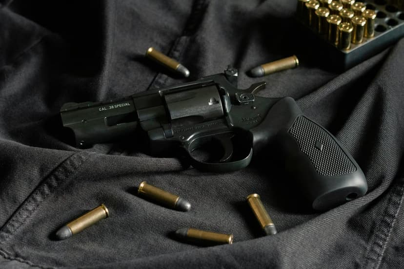 Black revolver handgun on dark cloth surrounded by scattered brass bullets and a cardboard ammunition box.