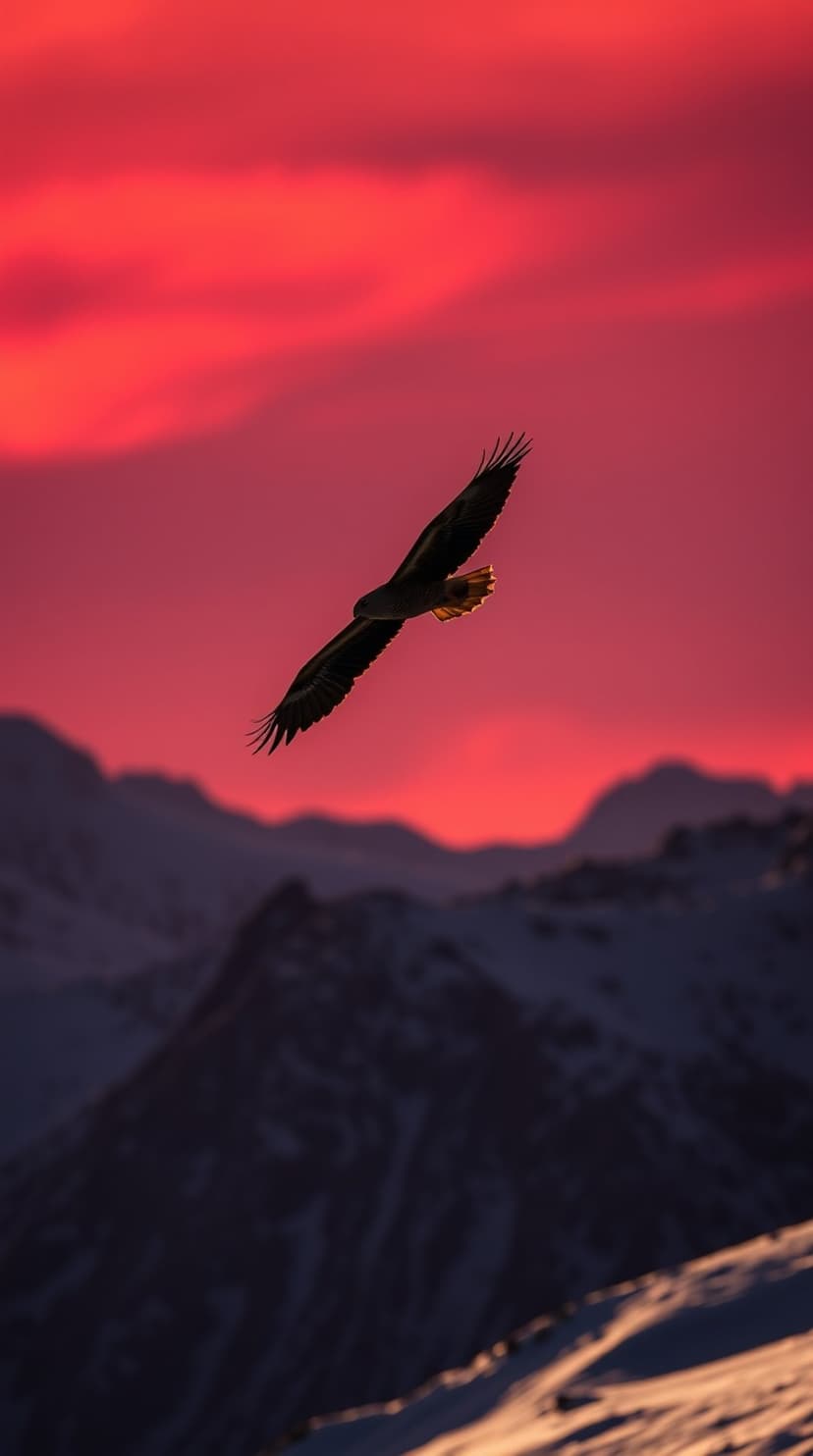 Eagle silhouette with outstretched wings soaring over jagged snow-covered mountain peaks during a red sunset sky.
