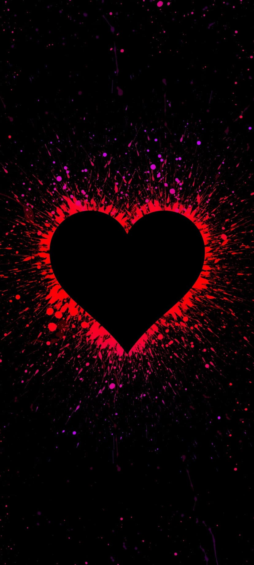 Black heart silhouette centered amidst explosive red and pink paint splashes on a textured dark background.