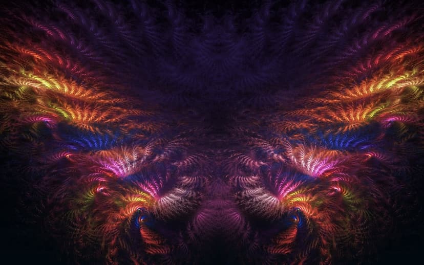 Symmetrical fractal butterfly wings with glowing purple, orange, and blue light trails on a dark background.