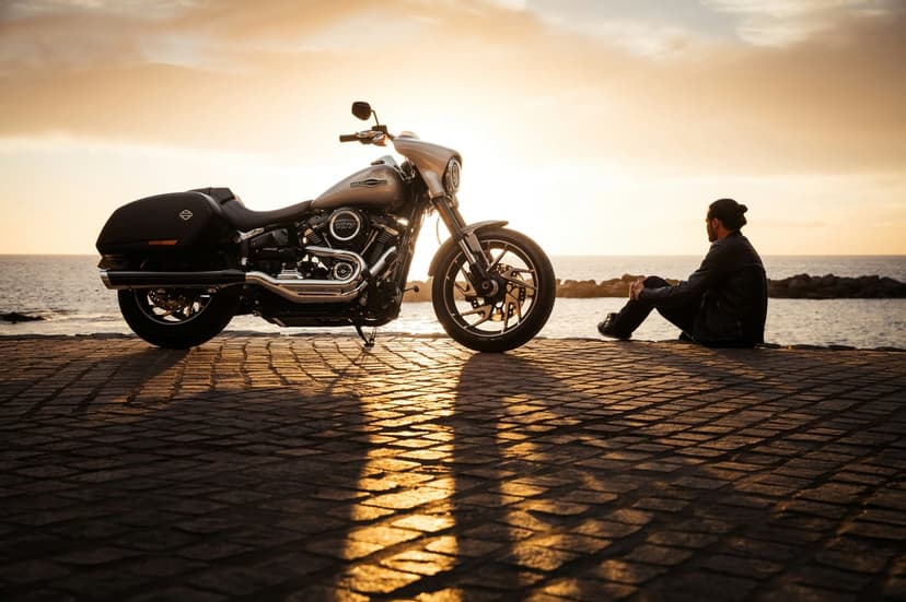 Man sitting on a stone path beside a motorcycle, watching the orange sun set over the distant ocean horizon.
