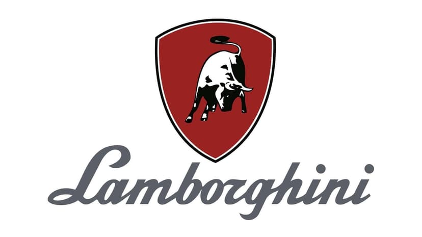 Charging bull on a red shield above cursive Lamborghini text on a white background for a desktop wallpaper.