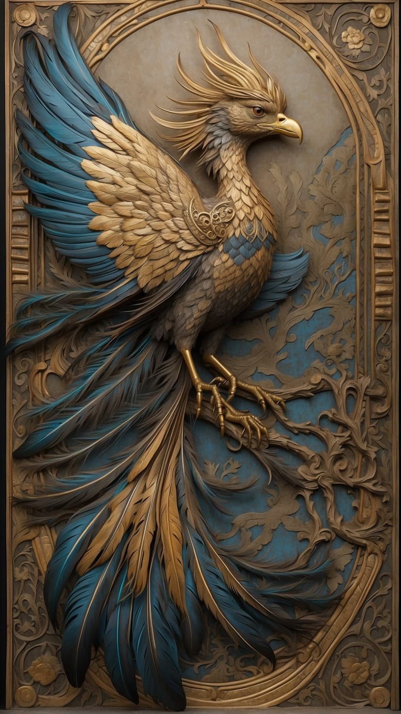 Golden phoenix relief sculpture with teal blue feathers and ornate wings inside a carved archway background.