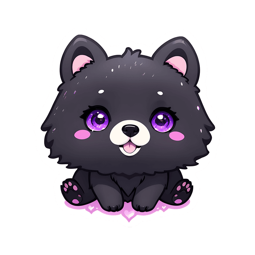 Black bear cub sticker illustration with glossy purple eyes, pink cheeks, and fluffy charcoal fur texture.