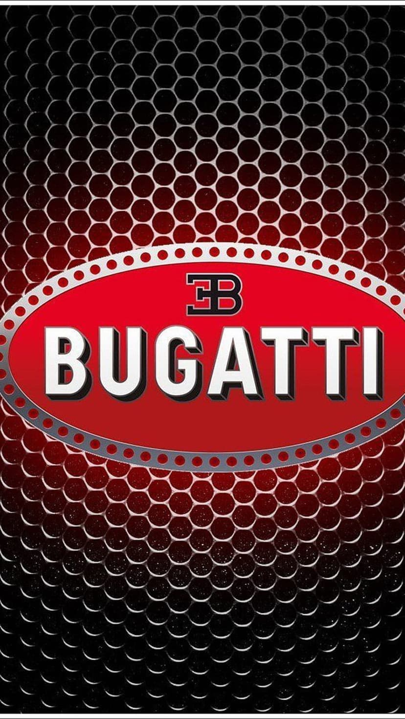 Bugatti logo in 3D white text above a red oval against a black and red hexagonal honeycomb texture.