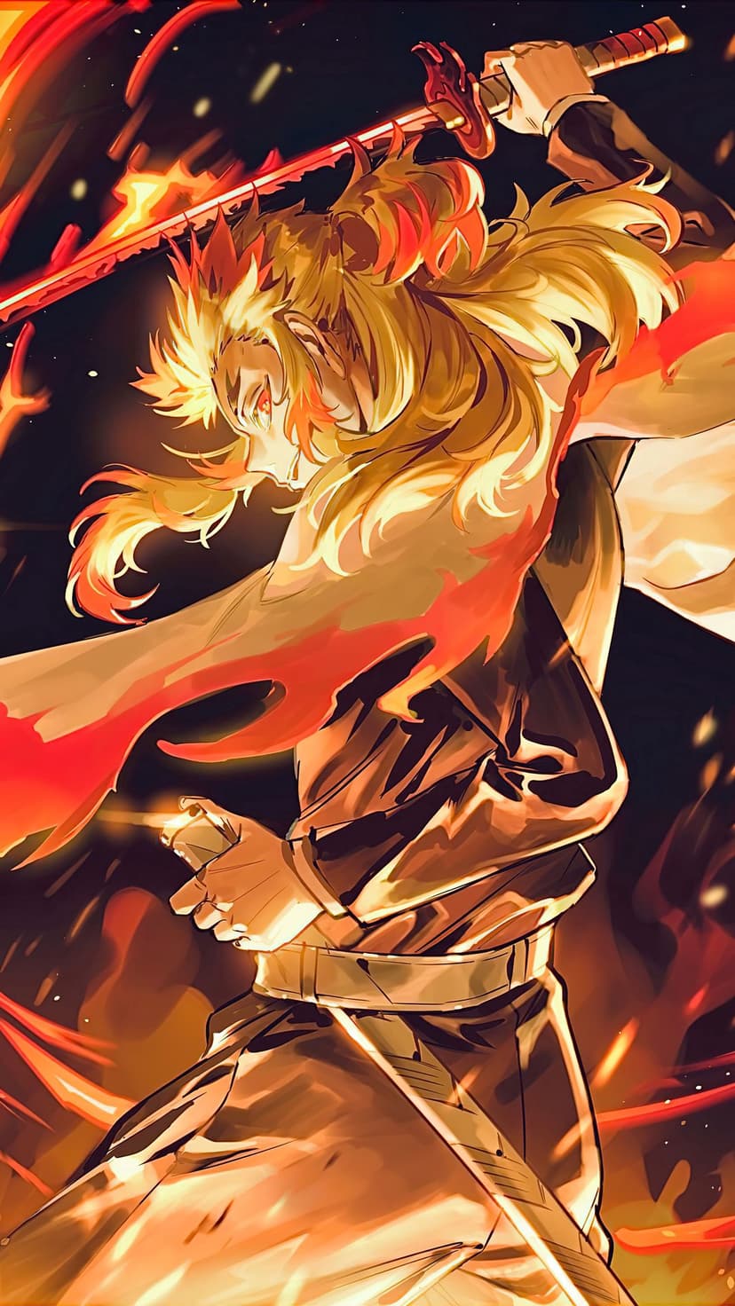 Kyojuro Rengoku grips a flaming katana surrounded by swirling fire embers and intense orange light in a portrait.