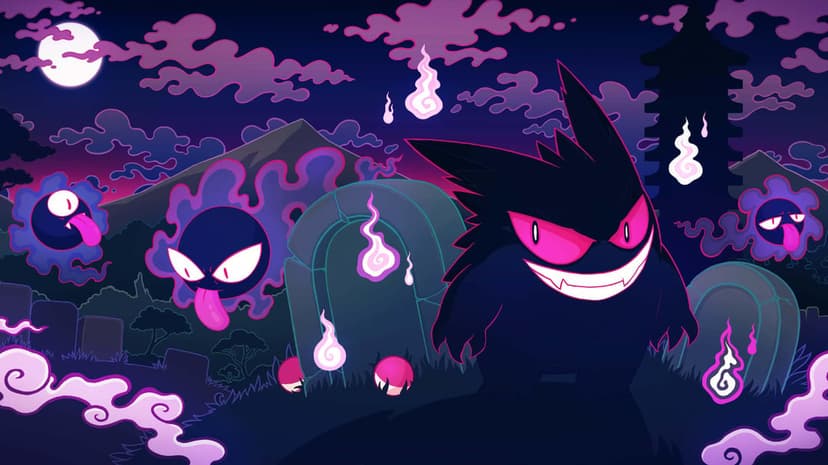 Gengar and Gastly haunting a purple graveyard at night under a bright moon with glowing spirits.