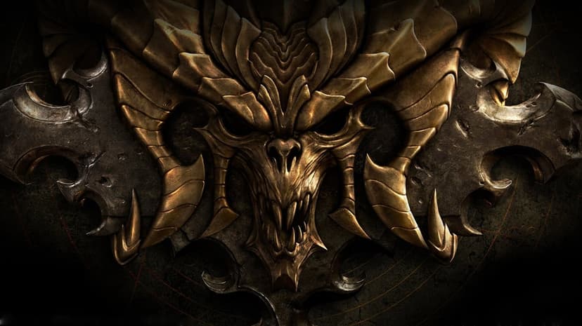 Gold demonic skull with massive curved horns and sharp fangs set against a dark weathered metal background.