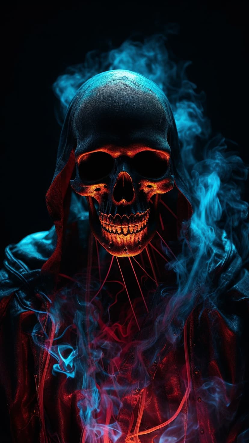 Skeletal face in a black hood glows with orange light as red and blue vapor swirls around its chin and head.