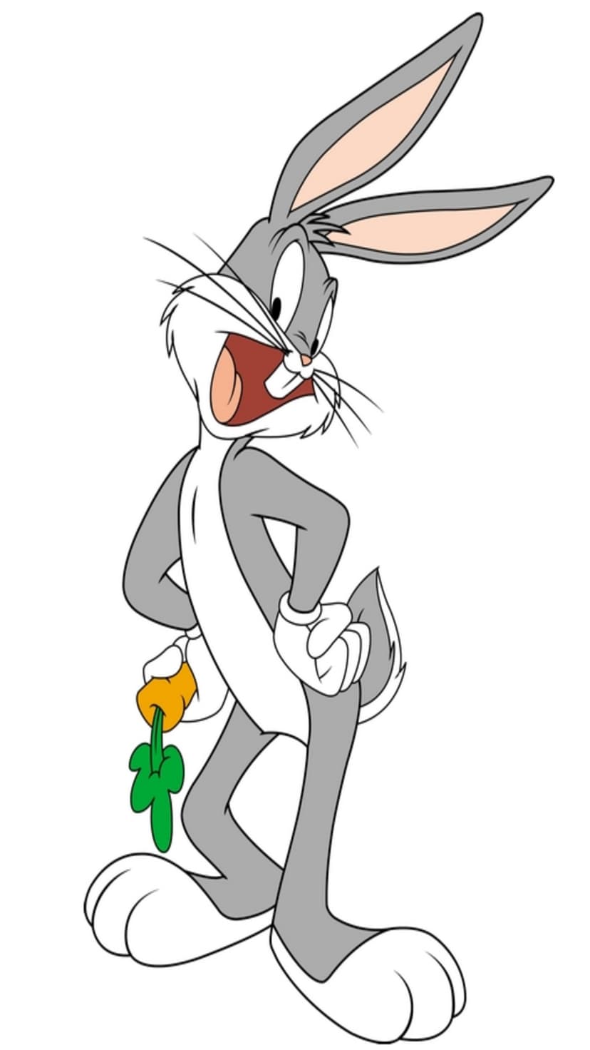 Bugs Bunny holds an orange carrot while posing with a smirk, featuring long grey ears and a white belly.