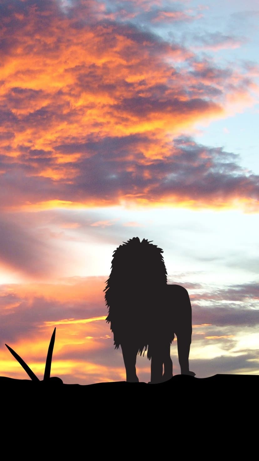 Lion silhouette stands on a grassy ridge against a fiery orange and purple sunrise sky in the African wilderness.