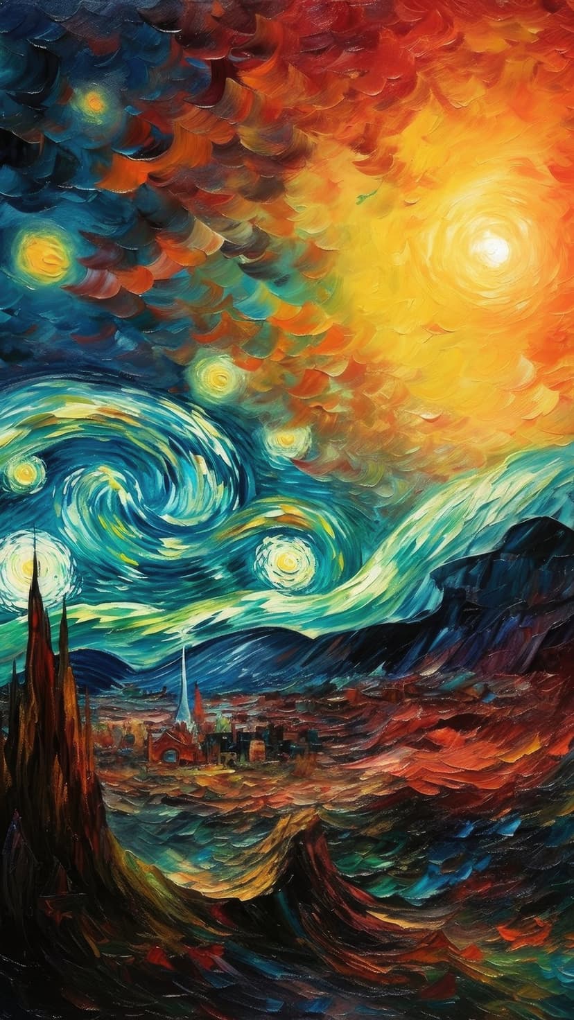 Luminous yellow celestial swirls and a bright crescent moon glow over a dark blue valley with distant buildings.