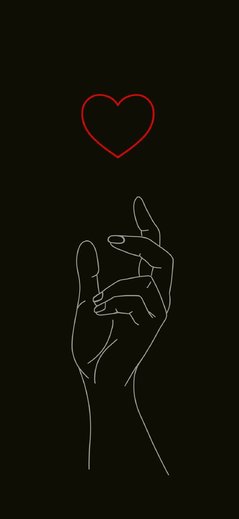 Hand reaching toward a glowing red heart outline on a solid black background, creating a minimalist vertical scene.