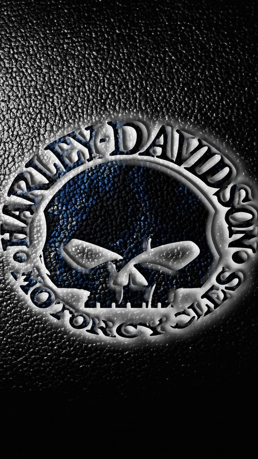Harley Davidson skull emblem with metallic silver and blue details embossed on a textured black leather surface.