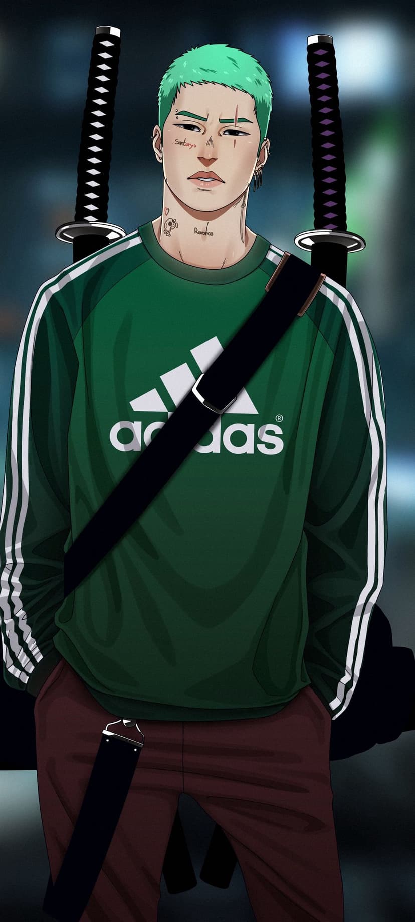 Anime boy with green hair and facial tattoos wears a green tracksuit with two swords on his back in a dark city.
