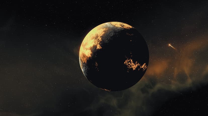 Molten orange planet glowing against dark space with a white comet and swirling amber nebulae in the background.