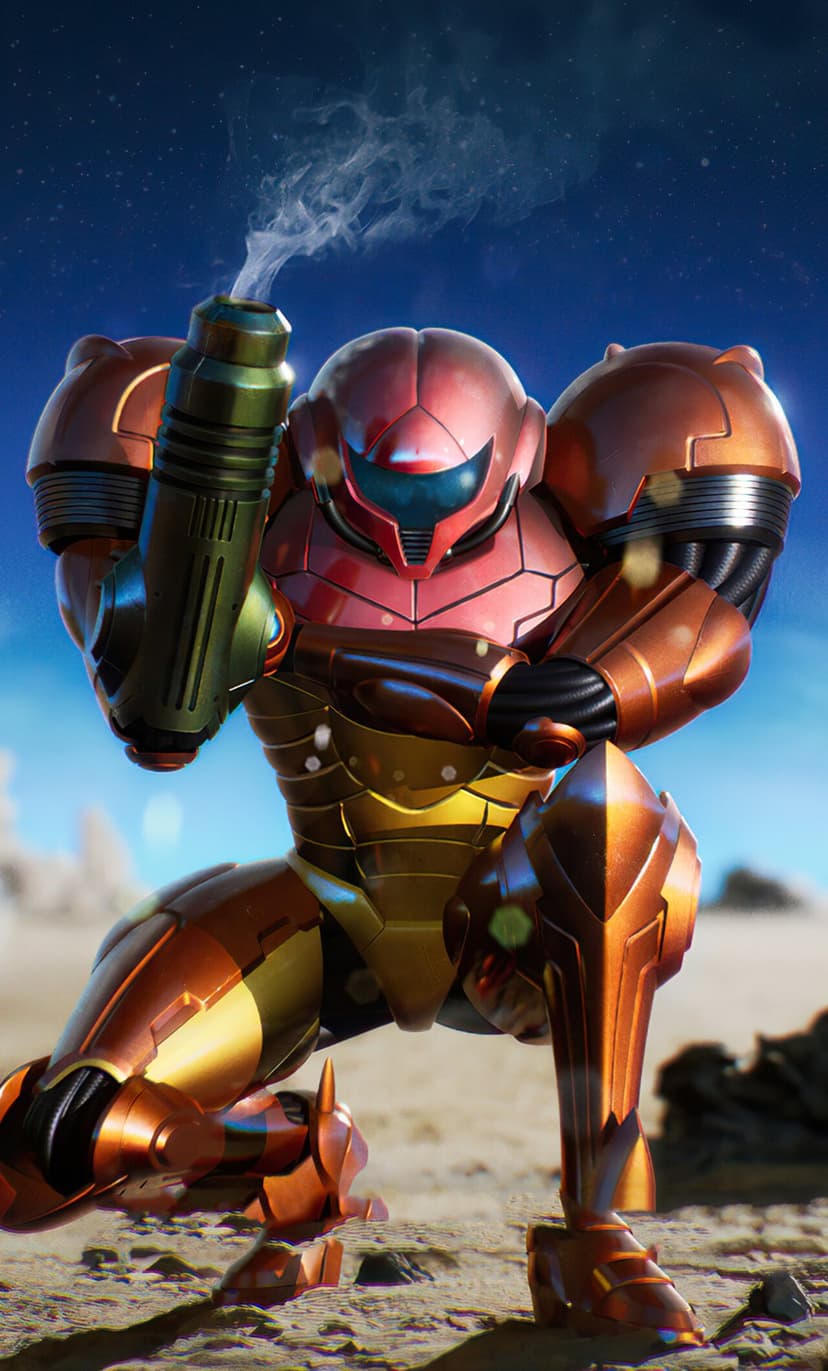 Samus Aran in Varia Suit kneeling on desert sand with smoking arm cannon against a starry blue sky.