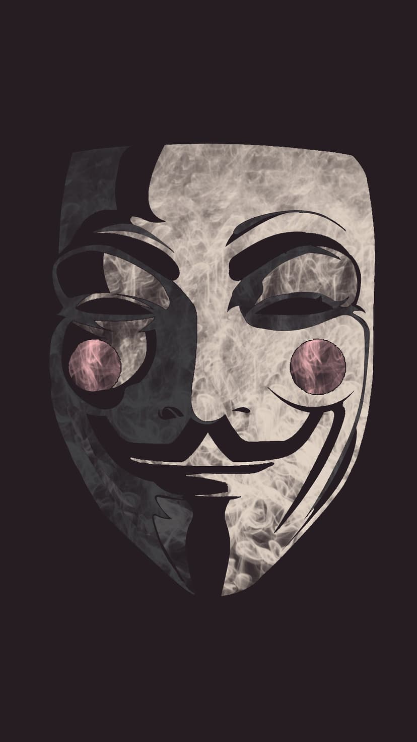 Guy Fawkes mask with glowing pink eyes and rosy cheeks surrounded by ethereal smoke on a dark background.