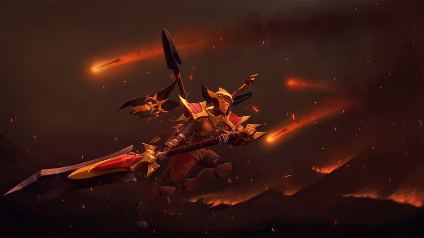 Armored warrior with a massive glowing spear charging through a battlefield of falling fire and dark smoke.