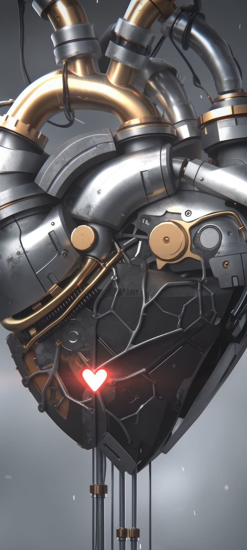 Steampunk heart with golden pipes, intricate brass gears, and a glowing red center on a dark background.