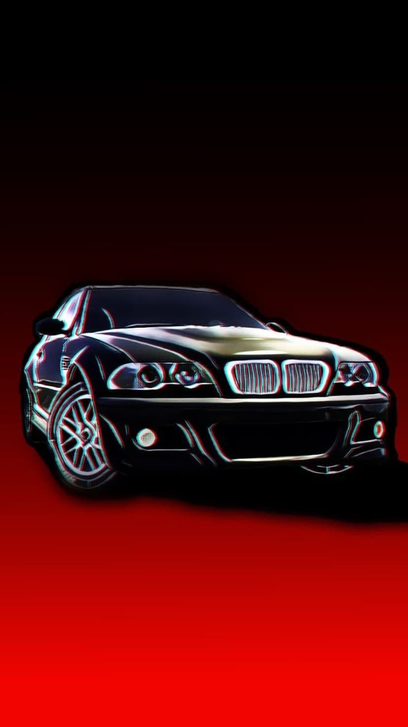 Black BMW E46 M3 with blue and red chromatic aberration highlights against a dark red gradient backdrop.
