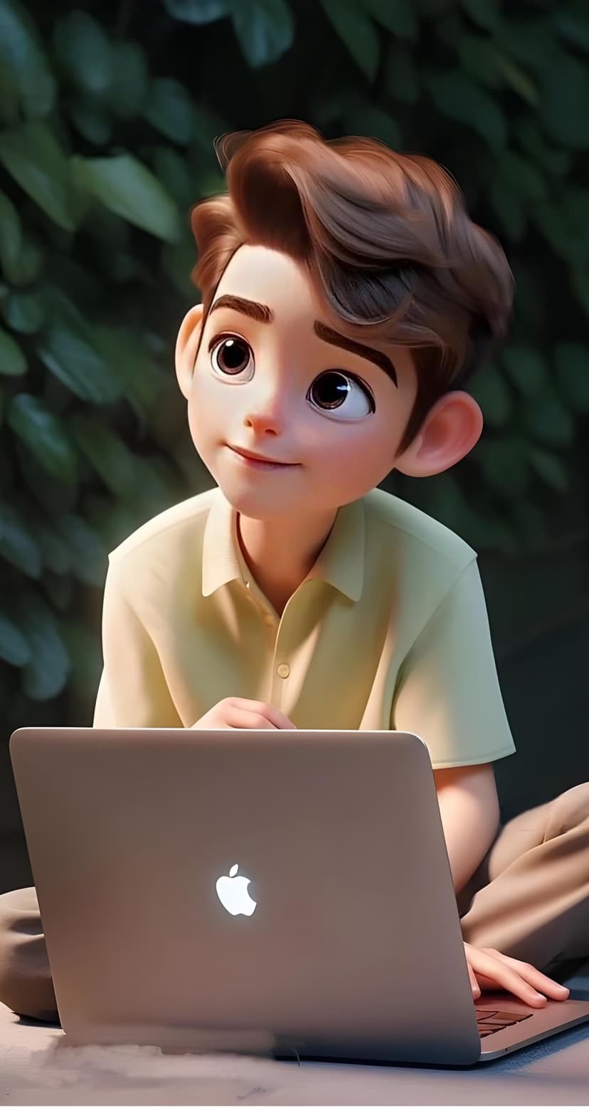Young boy with brown hair and a yellow shirt sits with an open laptop surrounded by blurry green forest foliage.