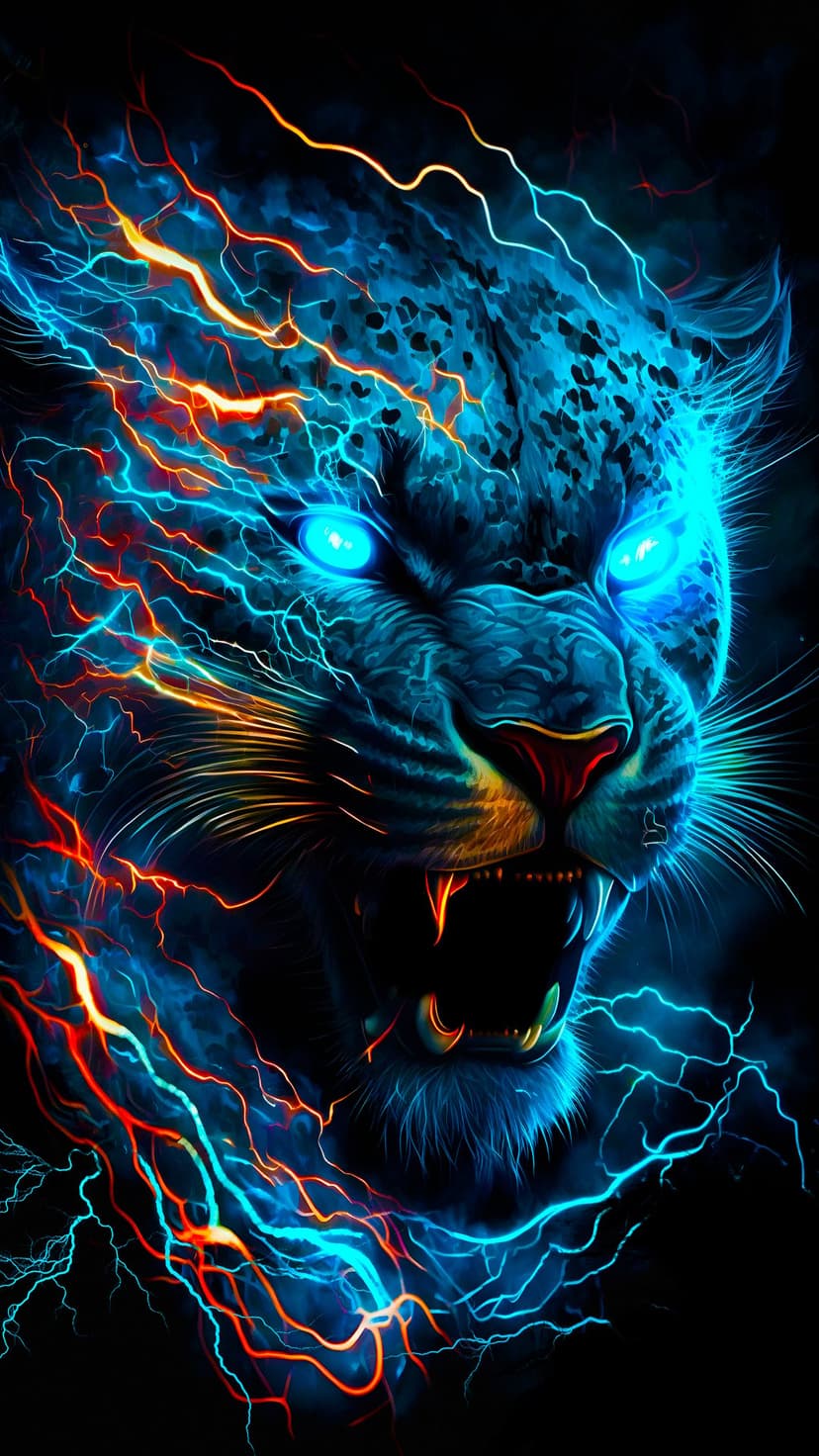Leopard with glowing blue eyes roars while orange and blue lightning bolts surge through its dark fur-covered face.