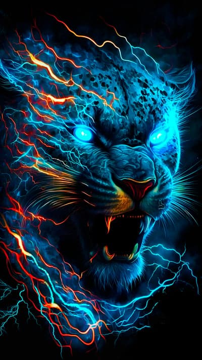 Electric Blue Leopard Roaring with Fiery Lightning