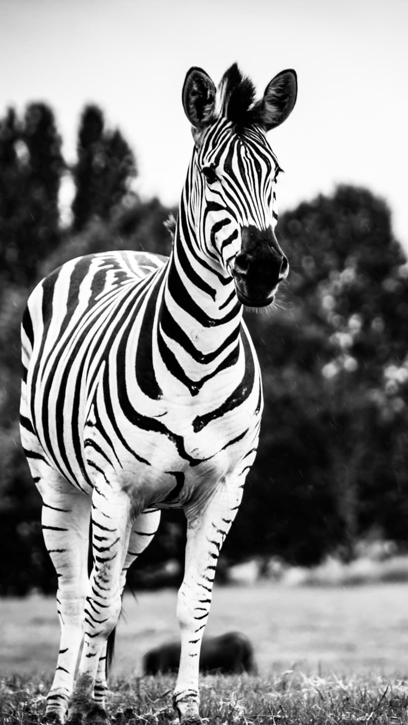 Zebra with bold black and white stripes stands in a grassy field with a soft-focus background of distant trees.