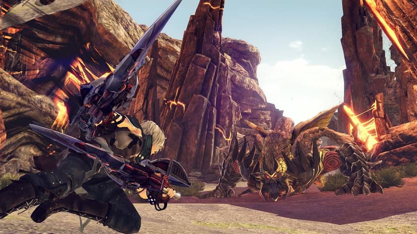 Warrior with a mechanical weapon confronts a spiky monster in a rocky canyon with glowing lava under a bright sky.
