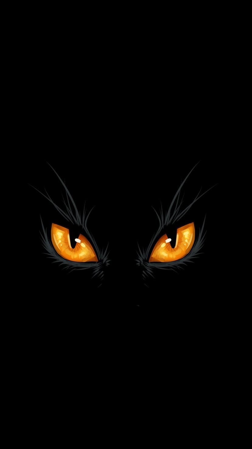 Glowing orange cat eyes with slit pupils emerge from a pitch-black background with subtle fur details visible.