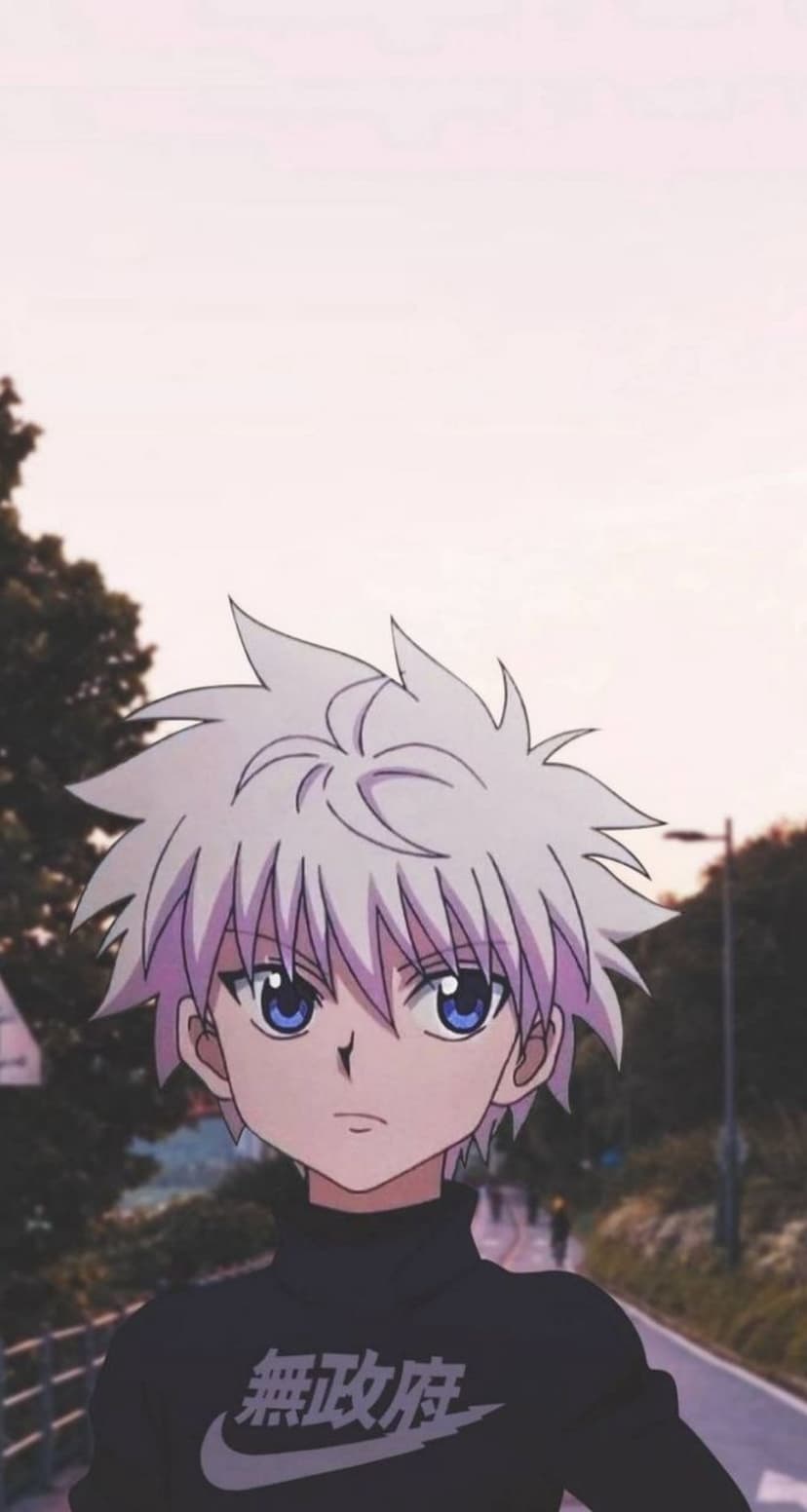 Killua Zoldyck with white spiky hair and blue eyes wears a Nike turtleneck against a soft pastel evening sky.