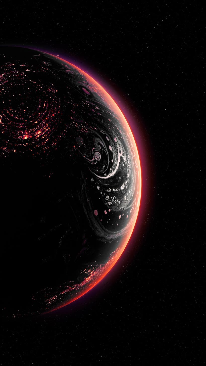 Earth from orbit at night featuring glowing red city lights, swirling white clouds, and a thin blue atmosphere.