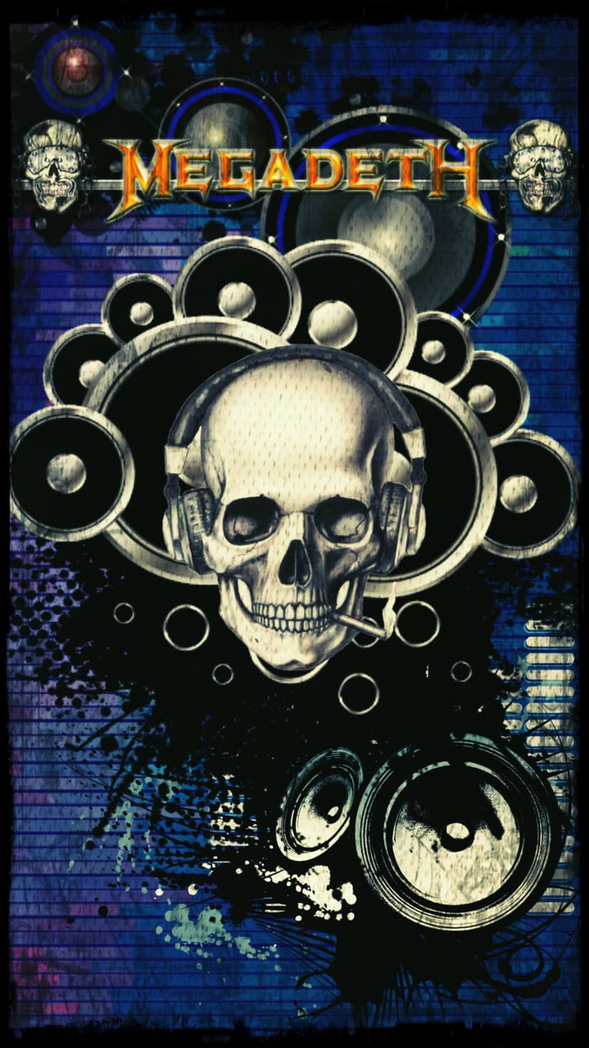 Vic Rattlehead skull wearing headphones and a cigarette positioned near speakers on a blue brick wall.