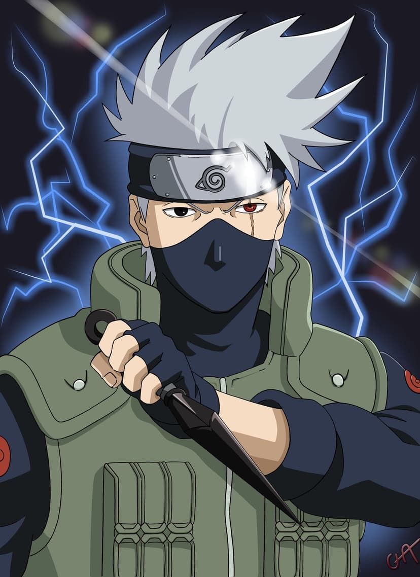 Kakashi Hatake grips a kunai with his Sharingan eye active as blue lightning arcs across a dark background.