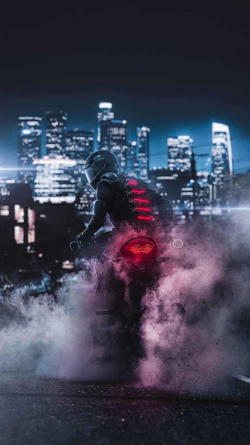 Motorcyclist in a sleek tech suit speeds through a smoky neon city at night with glowing red light trails.