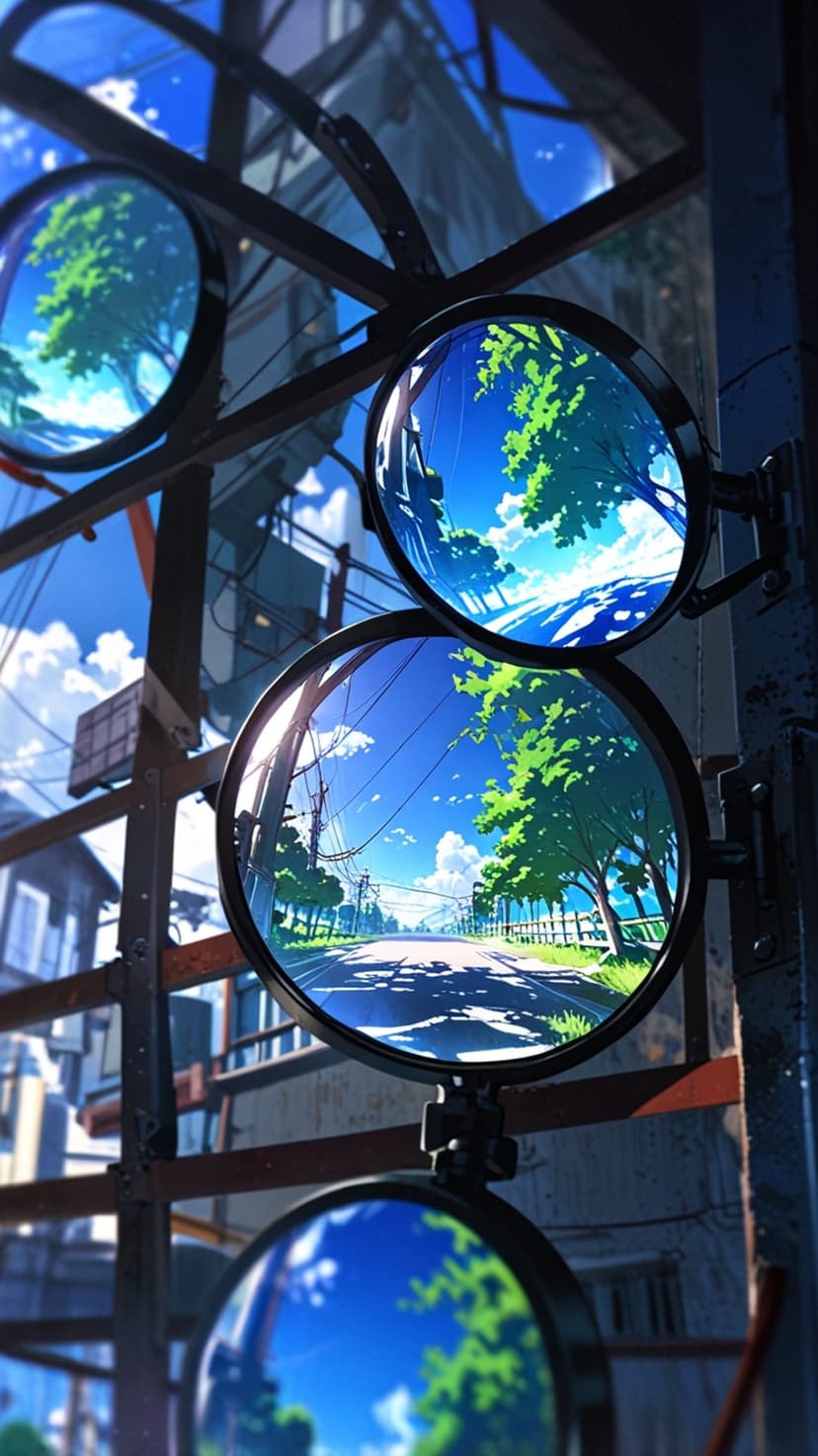 Convex mirrors reflecting a sun-drenched road lined with lush green trees and soft clouds under a blue sky.