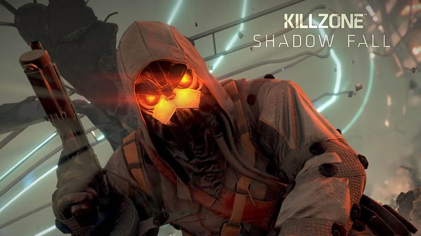 Helghast soldier with glowing orange eyes holding a weapon in a futuristic sci-fi environment.