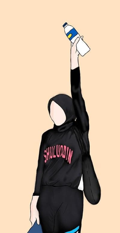 Muslim woman holding water bottle in a raise