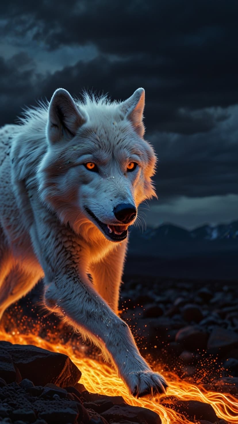White wolf with glowing orange eyes walks across a cracked molten floor beneath a dark and stormy volcanic sky.