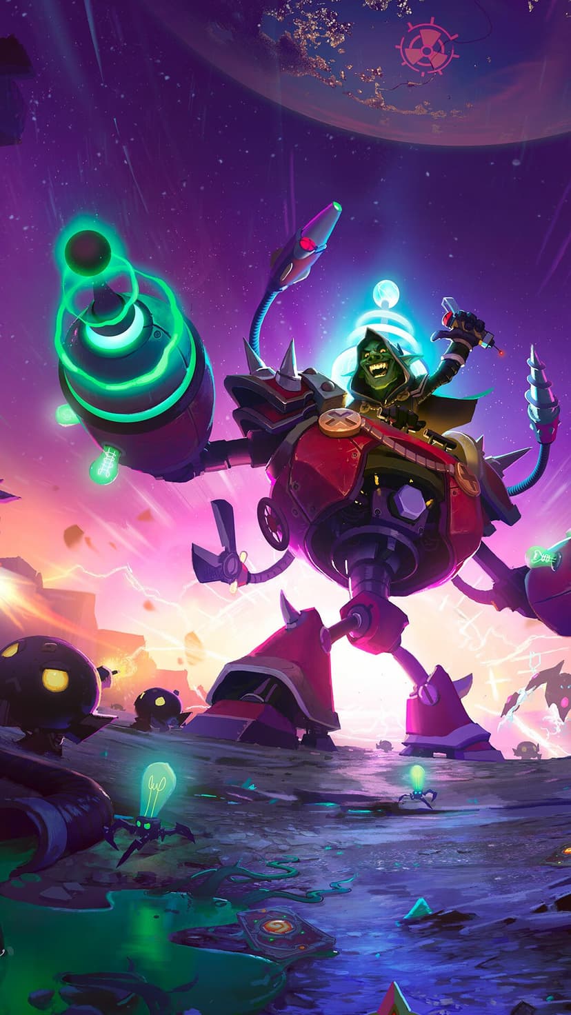 Cackling green goblin piloting a massive red mech with a glowing green drill arm on a purple alien moon surface.