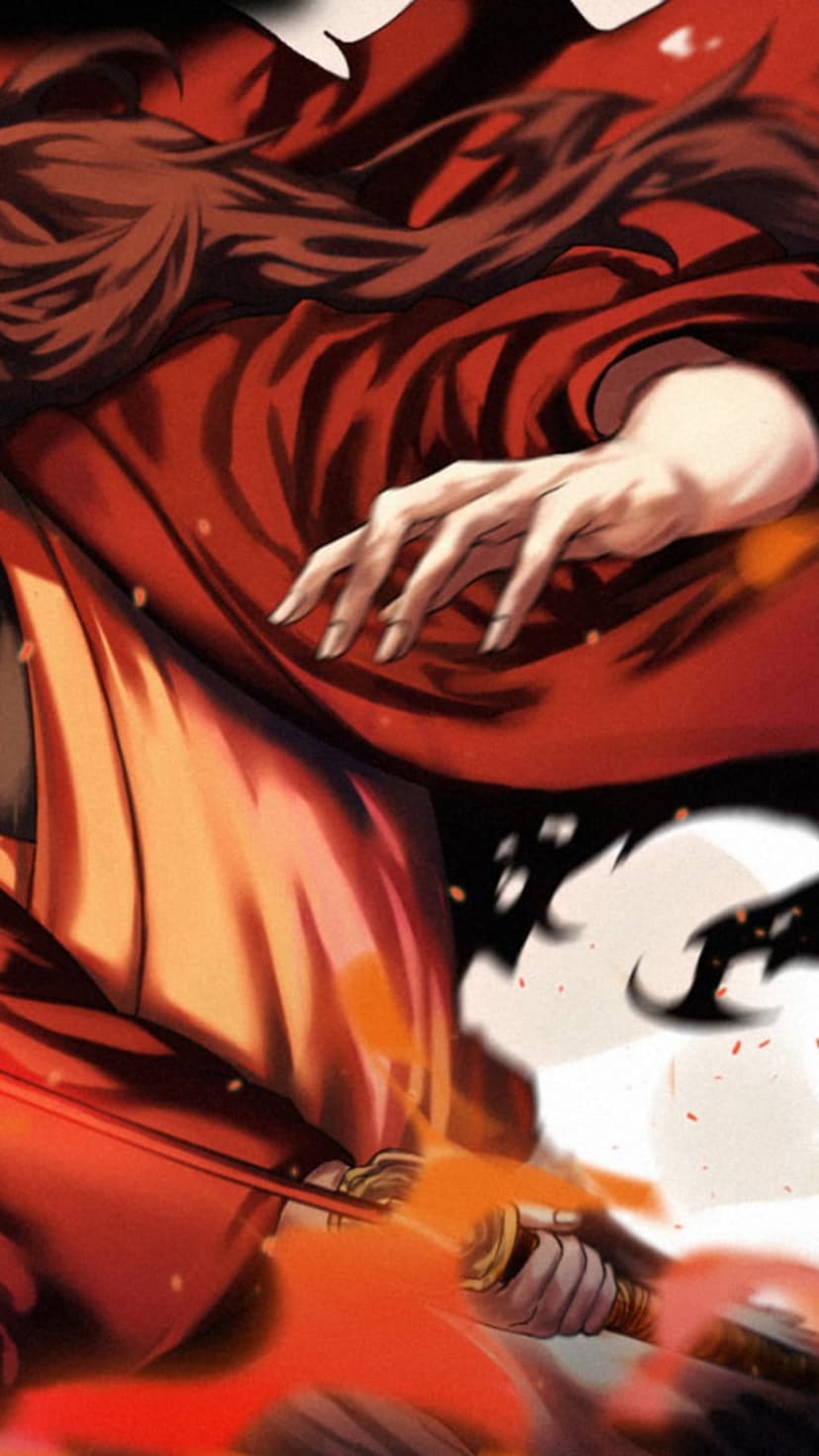 Ronin in red robes holding a glowing orange sword with dark hair flowing against a dark vertical background.