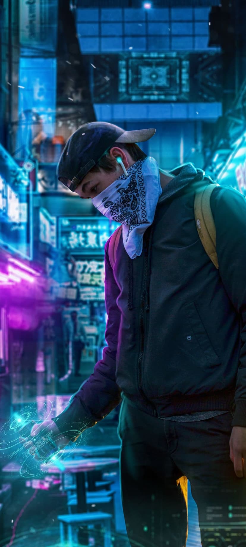 Person wearing a cap and bandana manipulates a glowing blue hologram amidst neon city lights and street signs.
