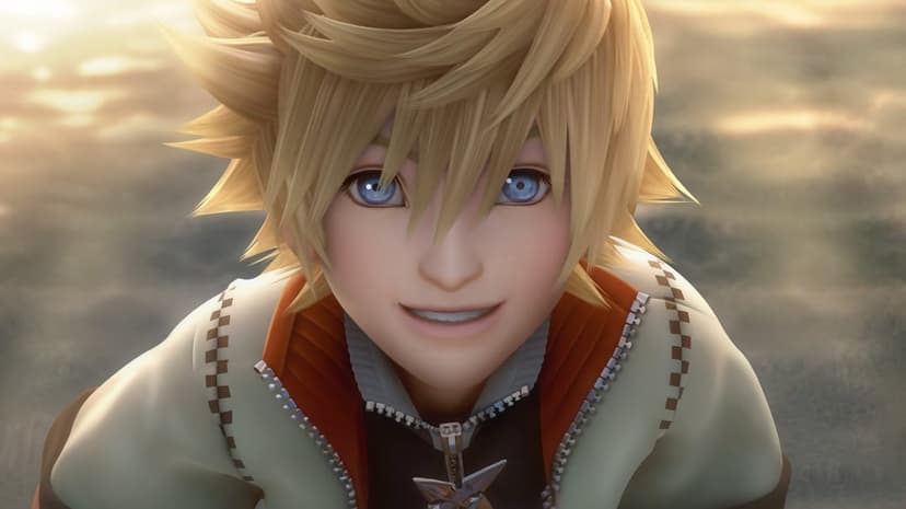Roxas from Kingdom Hearts smiling with spiky blonde hair and blue eyes under a warm golden backlight.