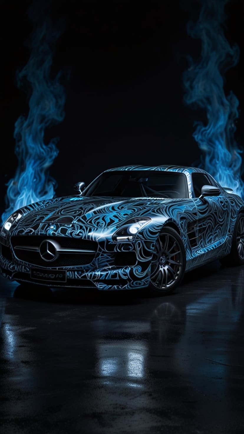 Mercedes-Benz SLS AMG sports car surrounded by electric blue flames on a dark, reflective surface at night.