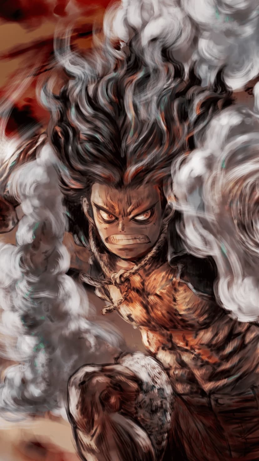 Monkey D. Luffy Gear 5 stands in a battle pose with white hair, glowing eyes, and a fiery background of smoke.