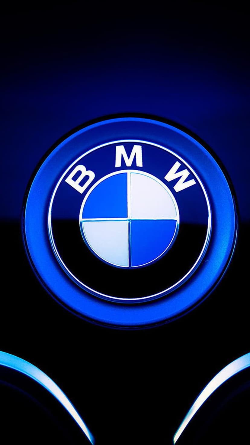 BMW logo emblem glowing with cyan neon light on a dark textured background for a smartphone lock screen.