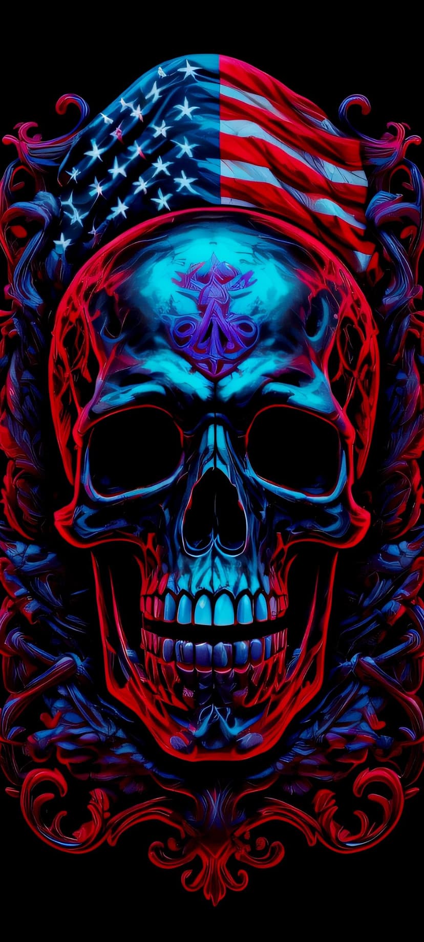 Patriotic skull with American flag patterns glows in red and blue neon light amidst dark ornate filigree.