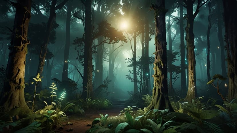 Turquoise forest trail lined with lush ferns and glowing spheres under golden sunlight rays in a misty wood.