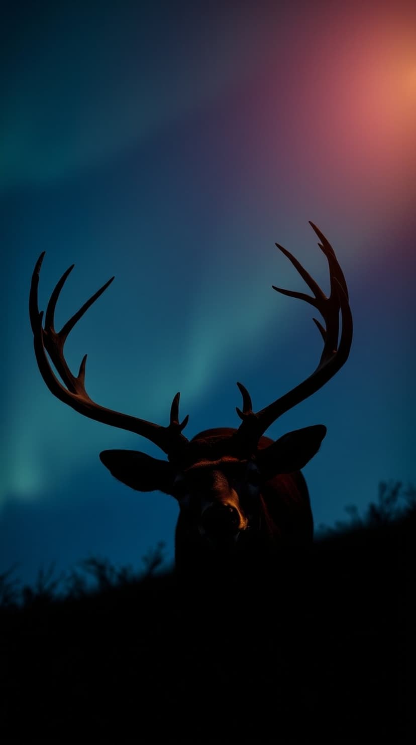 Buck with branched antlers stands silhouetted against green aurora borealis lights and a dark starry night sky.